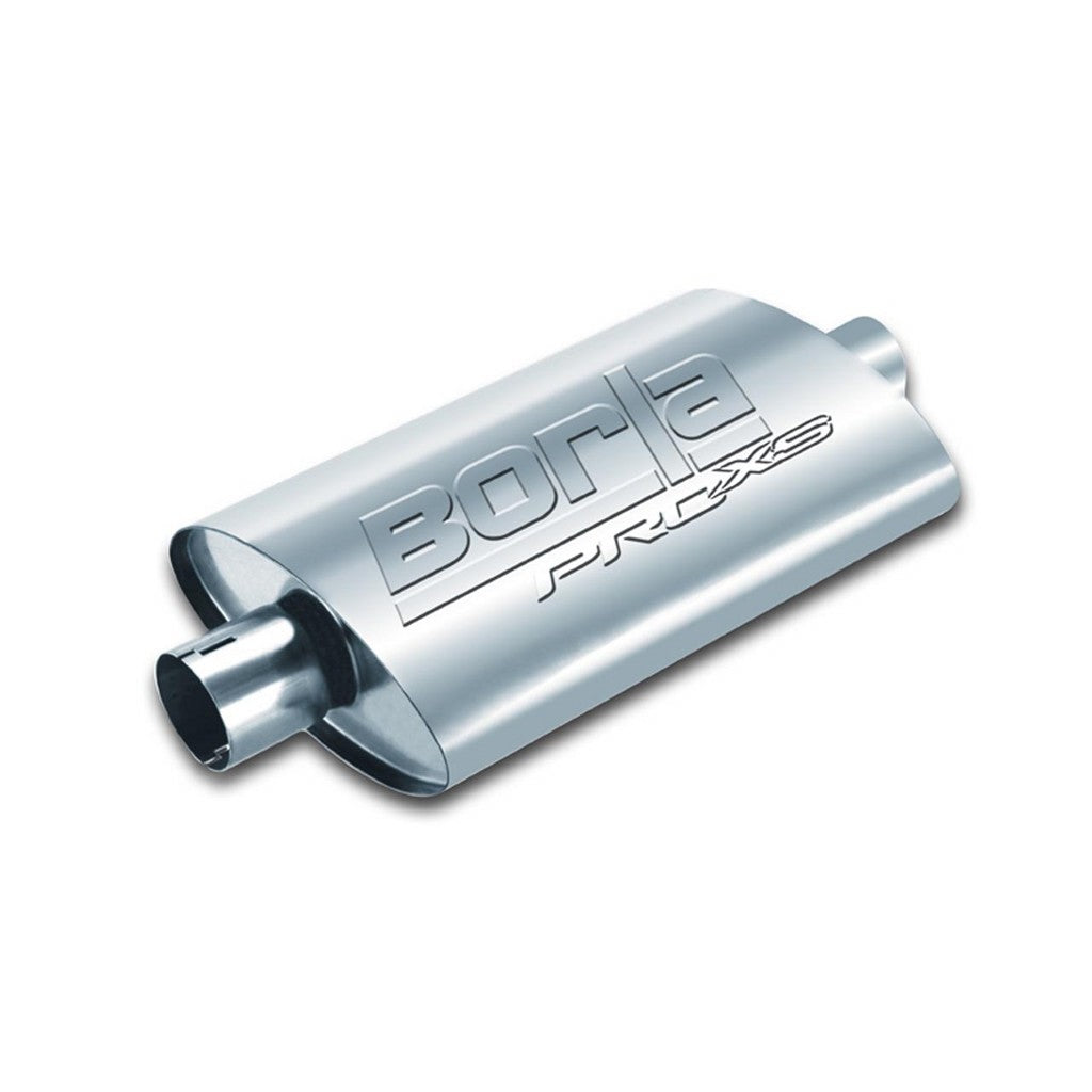 BORLA 400496 UNIVERSAL Performance Muffler, oval, silver ProXS, In / Out 2.5", Centre / Centre, dim. 14"x4"x9.5", Mounting clamp Photo-0