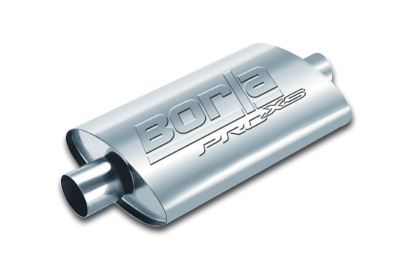 BORLA 400487 UNIVERSAL Performance Muffler, oval, silver ProXS, In 3" / Out 2x2.25", Centre / dual, dim. 19"x4"x9.5", Mounting clamp Photo-0