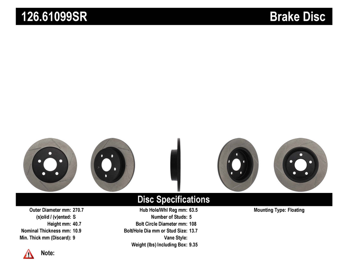 STOPTECH 126.61099SR Rear StopTech Sport Slotted Rotor Right FORD Focus 2012-2018 Photo-2