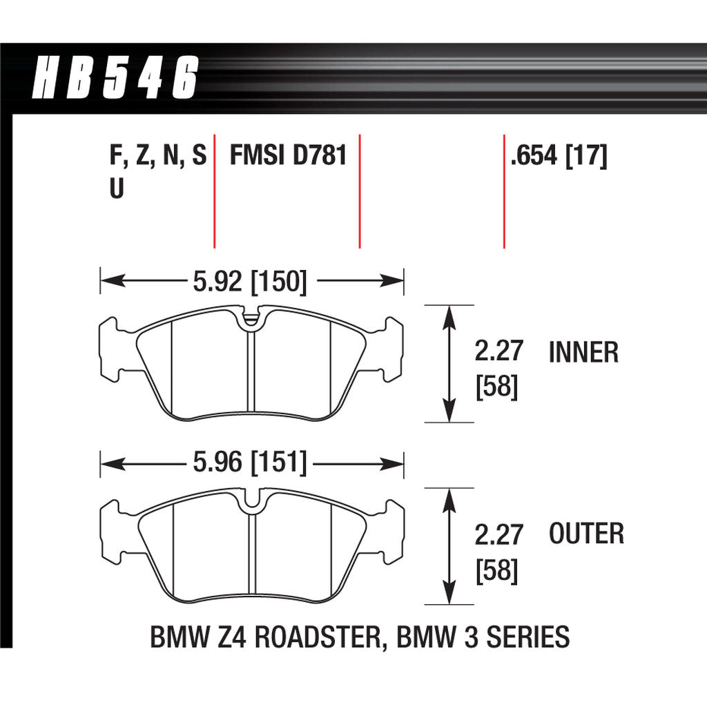HAWK HB546U.654 Brake Pads DTC-70 (17 mm) Front BMW Z4 Roadster 3.0i 2006-2008 Photo-2