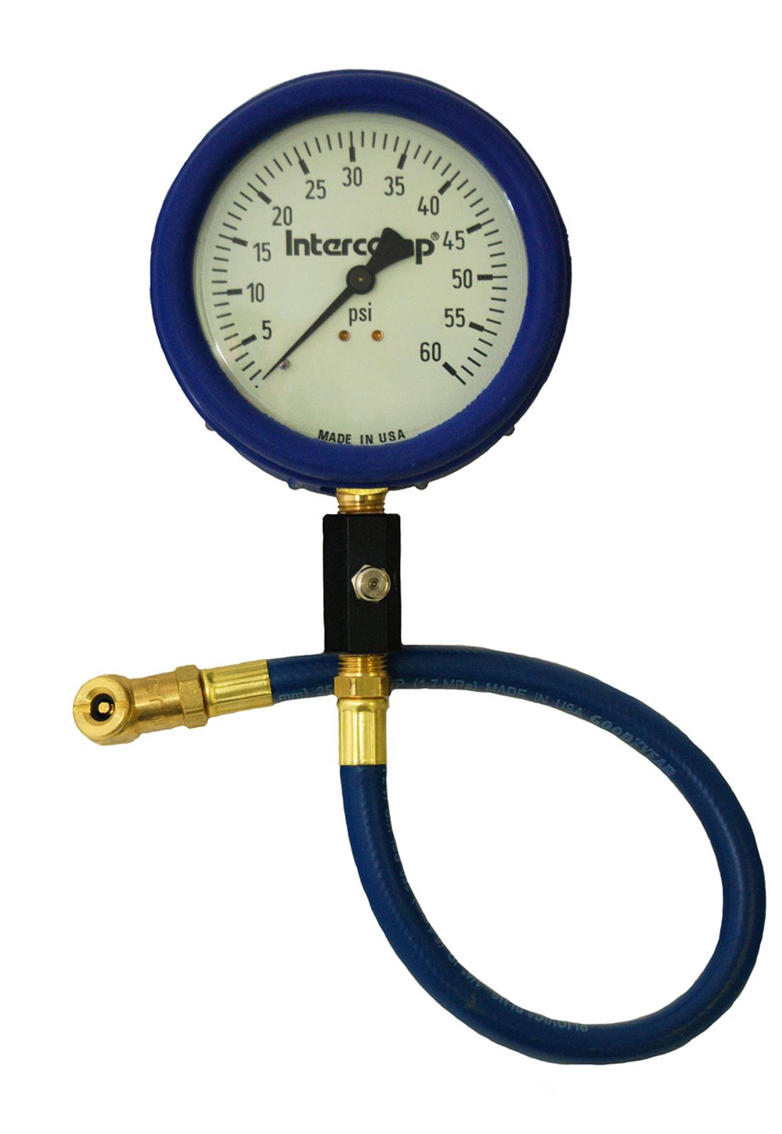 INTERCOMP 360060 Tire Pressure Gauge, Analog, 4 in. Diameter, Glow-in-the-Dark Face, 0-60 psi, 17 in. Hose, Bleed Valve Photo-0