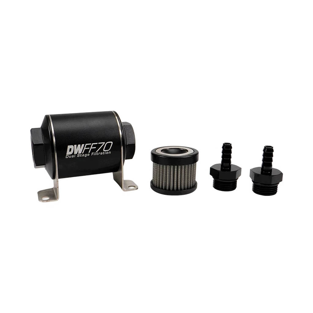 DEATSCHWERKS 8-03-070-100K-516 In-line fuel filter element and housing kit, stainless steel 100 micron, 5/16in hose barb, 70mm. Universal Photo-0