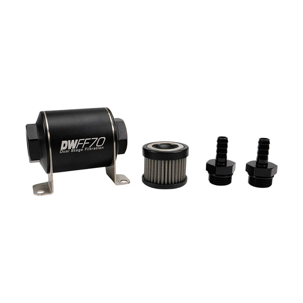 DEATSCHWERKS 8-03-070-010K-38 In-line fuel filter element and housing kit, stainless steel 10 micron, 3/8in hose barb, 70mm. Universal Photo-0