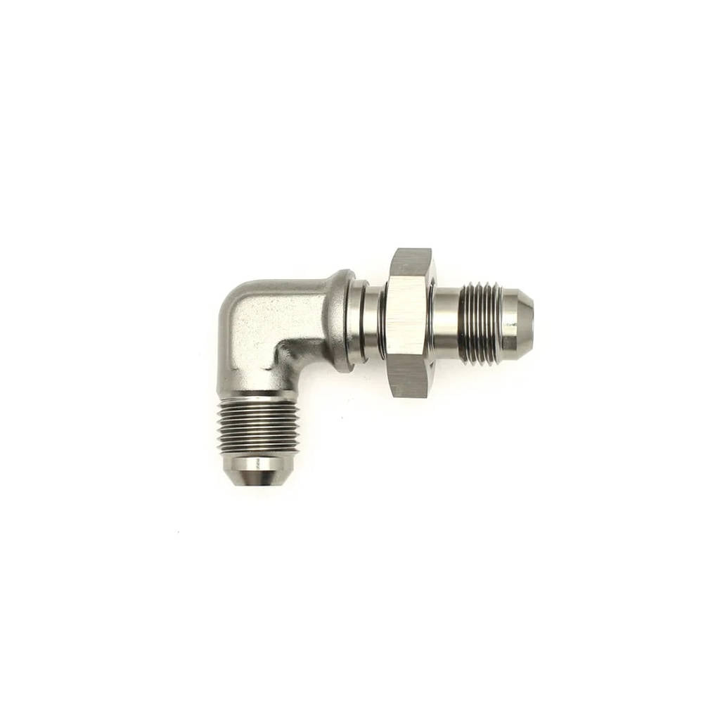 DEATSCHWERKS 6-02-0710 6AN Male Flare to 6AN Male Flare Bulkhead Adapter 90-degree (incl Nut) Photo-0
