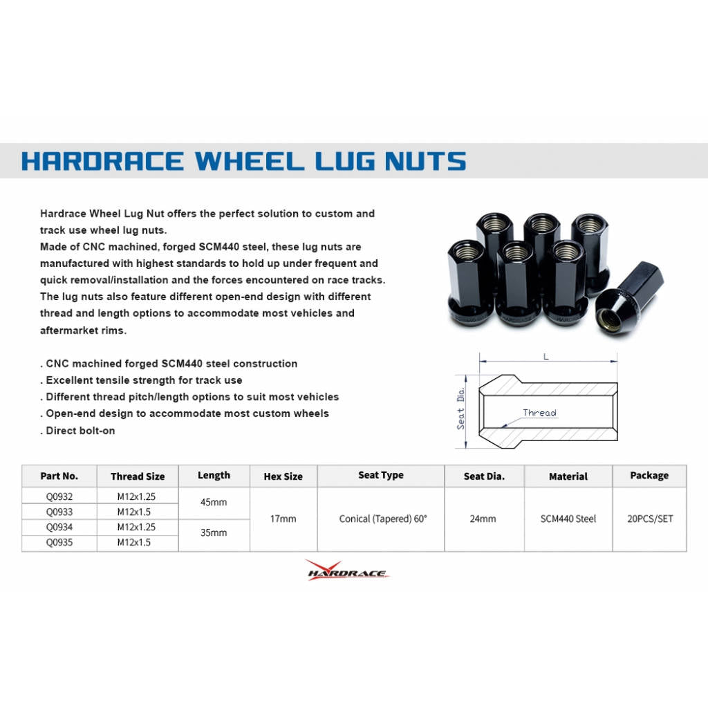 HARDRACE Q0934 Wheel lug nuts - M12 x 1.25, LENGTH: 35mm OPEN-END TYPE, 60° CONICAL SEAT 20PCS / SET Photo-1