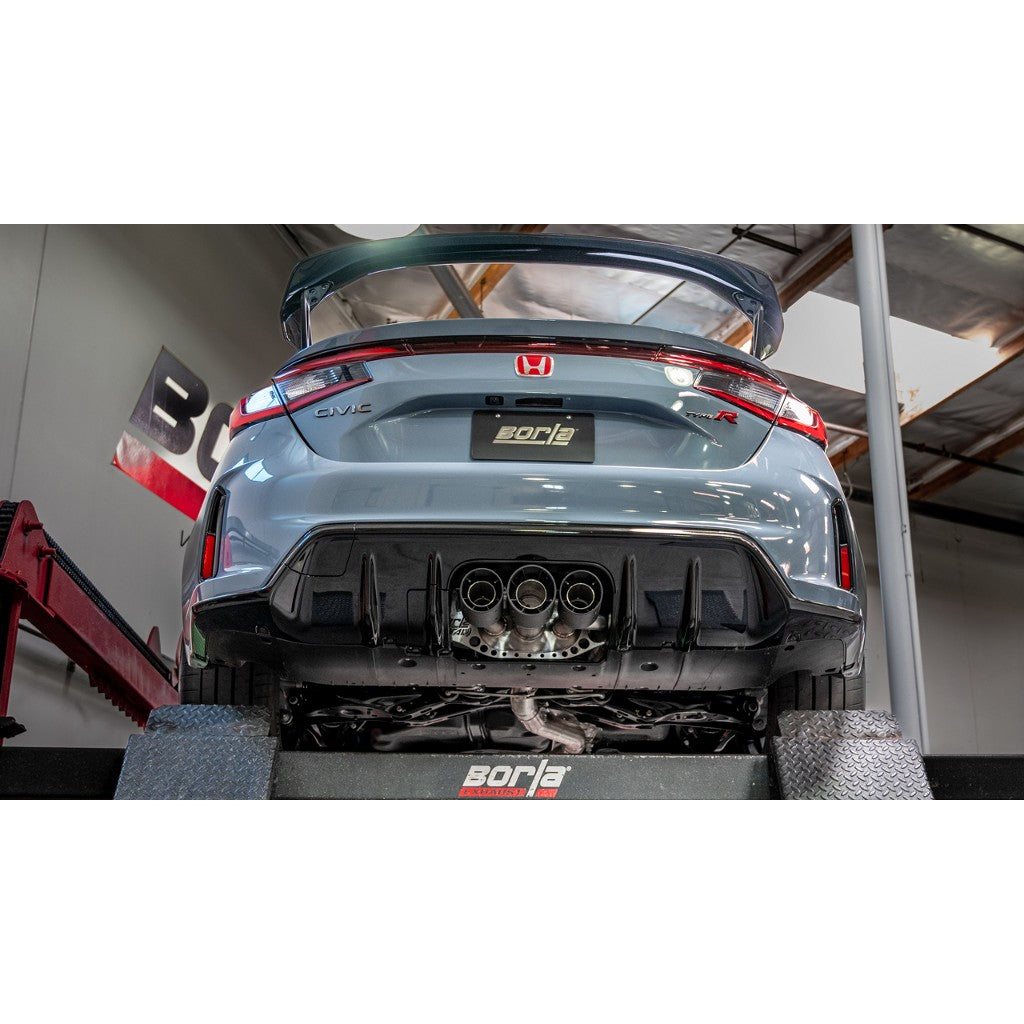BORLA 140927CFBA Exhaust system Cat-Back 2.75" ATAK 3 RD AC CFBA CR Tip 4" RD X 6.62", 4.5" RD X 6.49" Carbon fiber black anodized for HONDA Civic Type R 2.0L 4 Cyl Turbo MT FWD 4DR Hatchback 2023 Photo-1