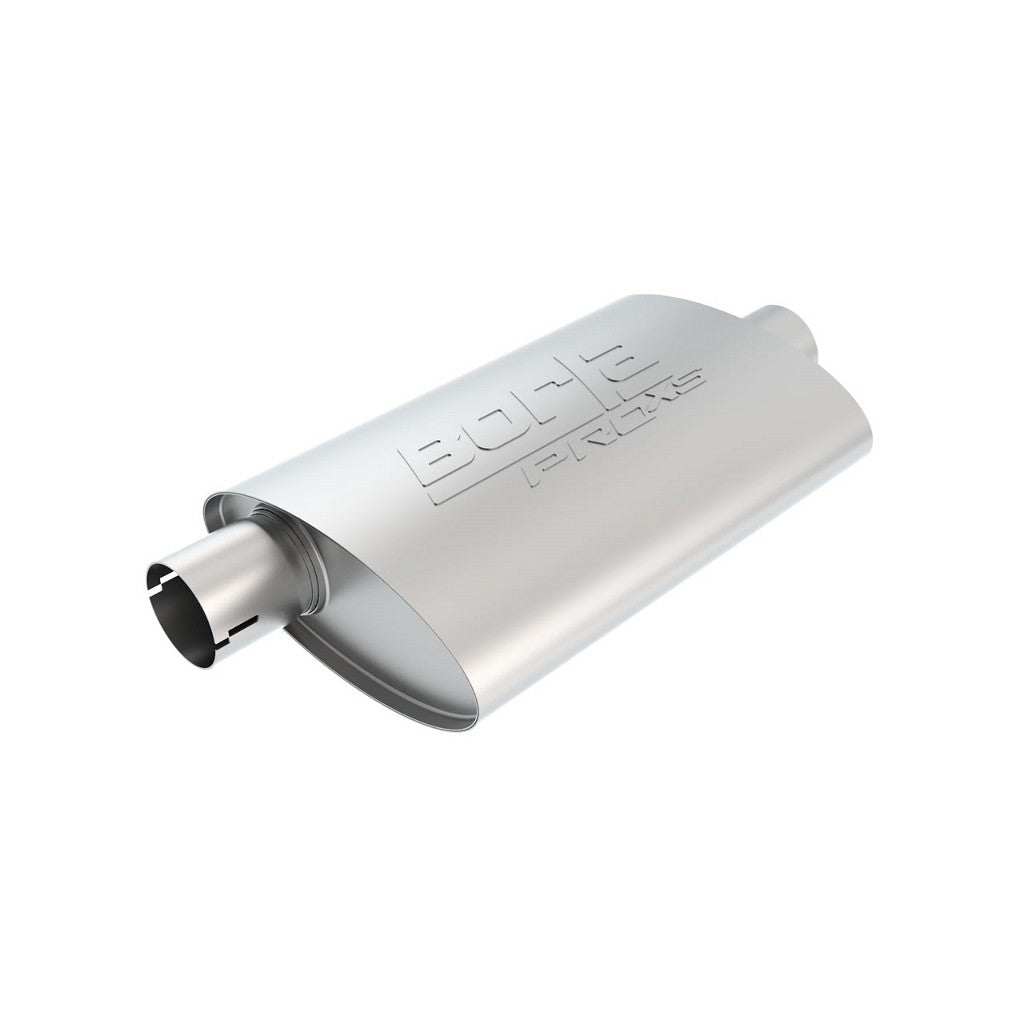 BORLA 400480 UNIVERSAL Performance Muffler, oval, silver ProXS, In / Out 2", Central / Offset, dim. 14"x4.25"x7.88", Mounting clamp Photo-0