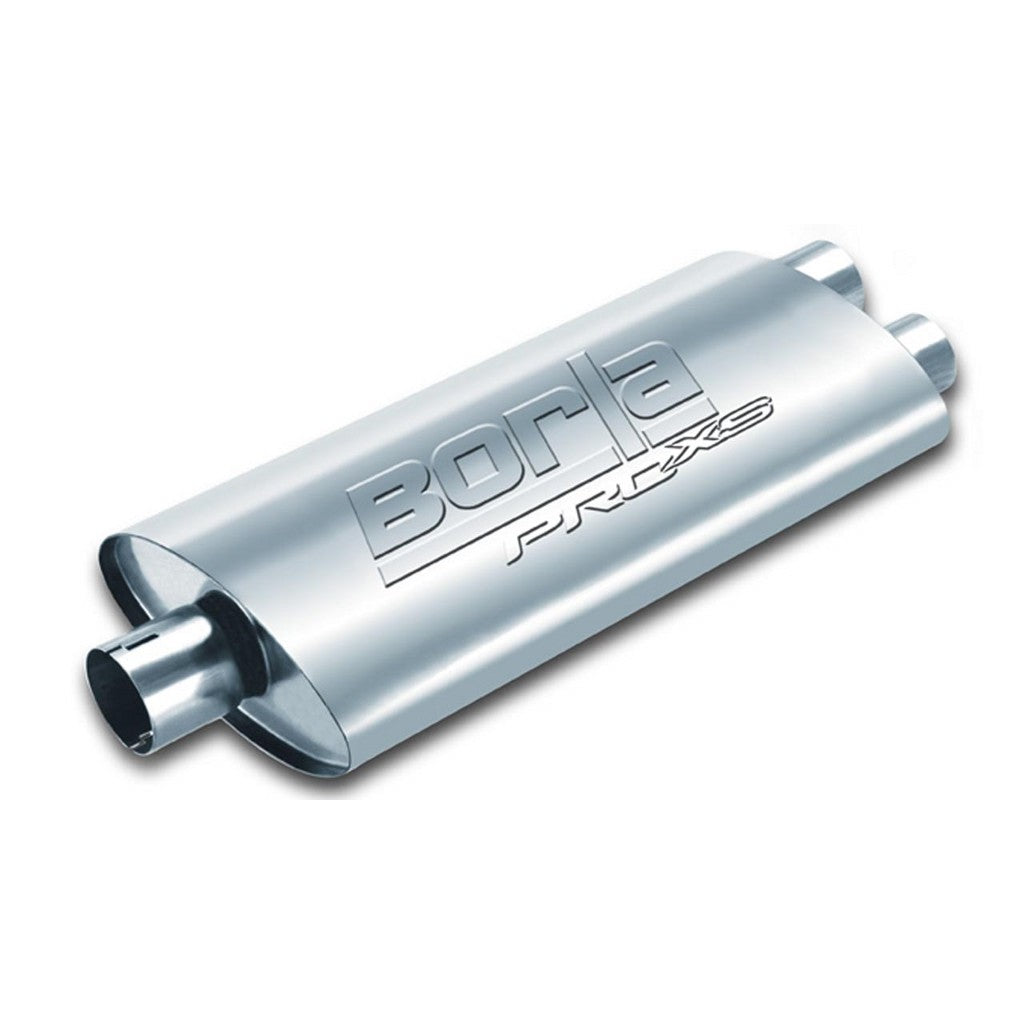 BORLA 400485 UNIVERSAL Performance Muffler, oval, silver ProXS, In 2.5" / Out 2x2.5", Centre / dual, dim. 19"x4"x9.5", Mounting clamp Photo-0