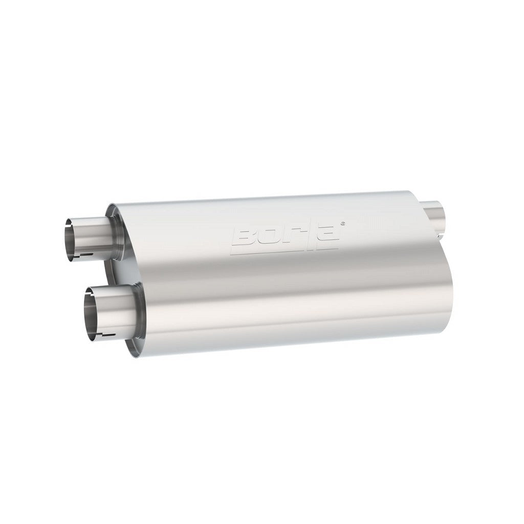 BORLA 400499 UNIVERSAL Performance Muffler, oval, silver Transverse Flow, In 2,5" / Out 2x2.5", dim. 19"x5.5"x10.25", Mounting clamp Photo-0