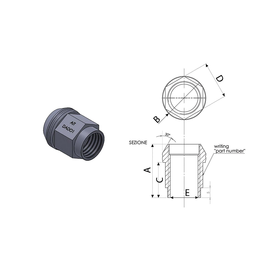 A.I.TECH AIT-DADO-2 Steel coppered nut 12x1,5, ex 19mm, o.d. 28mm, conical SEAT, total lenght 28,5mm Photo-1