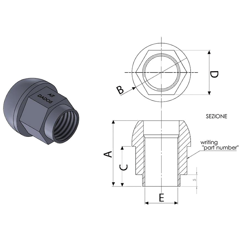 A.I.TECH AIT-DADO-7 Steel copperd nut 12x1,25, ex 17mm, o.d. 25mm, spherical SEAT, total lenght 28mm Photo-1