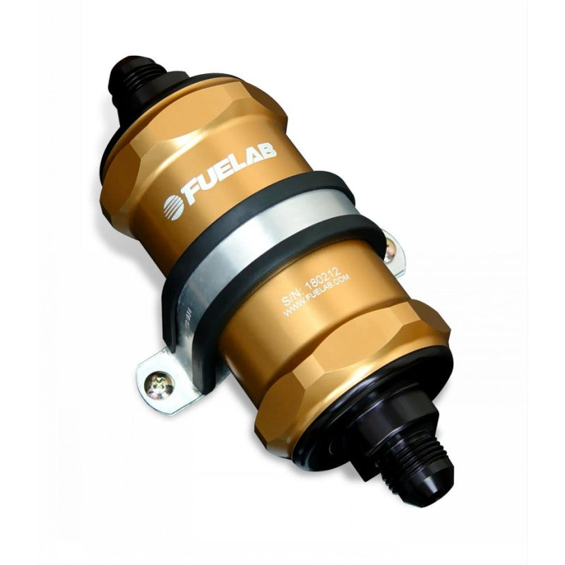 FUELAB 84822-5 In-Line Fuel Filter With Check Valve (8AN in/out, 3 inch 100 micron stainless steel element) Gold Photo-0