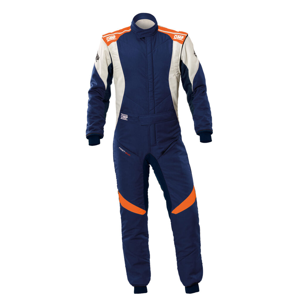 OMP IA0-1874-A01-249-58 Racing Suit First Evo My2025, FIA 8856-2018, Navy Blue / Fluo Orange, Size 58 Photo-0