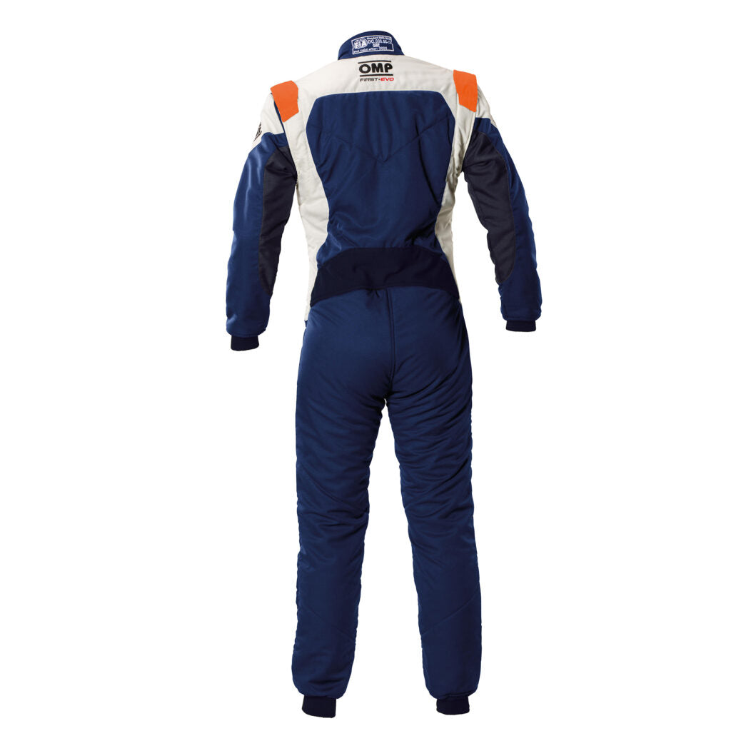 OMP IA0-1874-A01-249-58 Racing Suit First Evo My2025, FIA 8856-2018, Navy Blue / Fluo Orange, Size 58 Photo-1