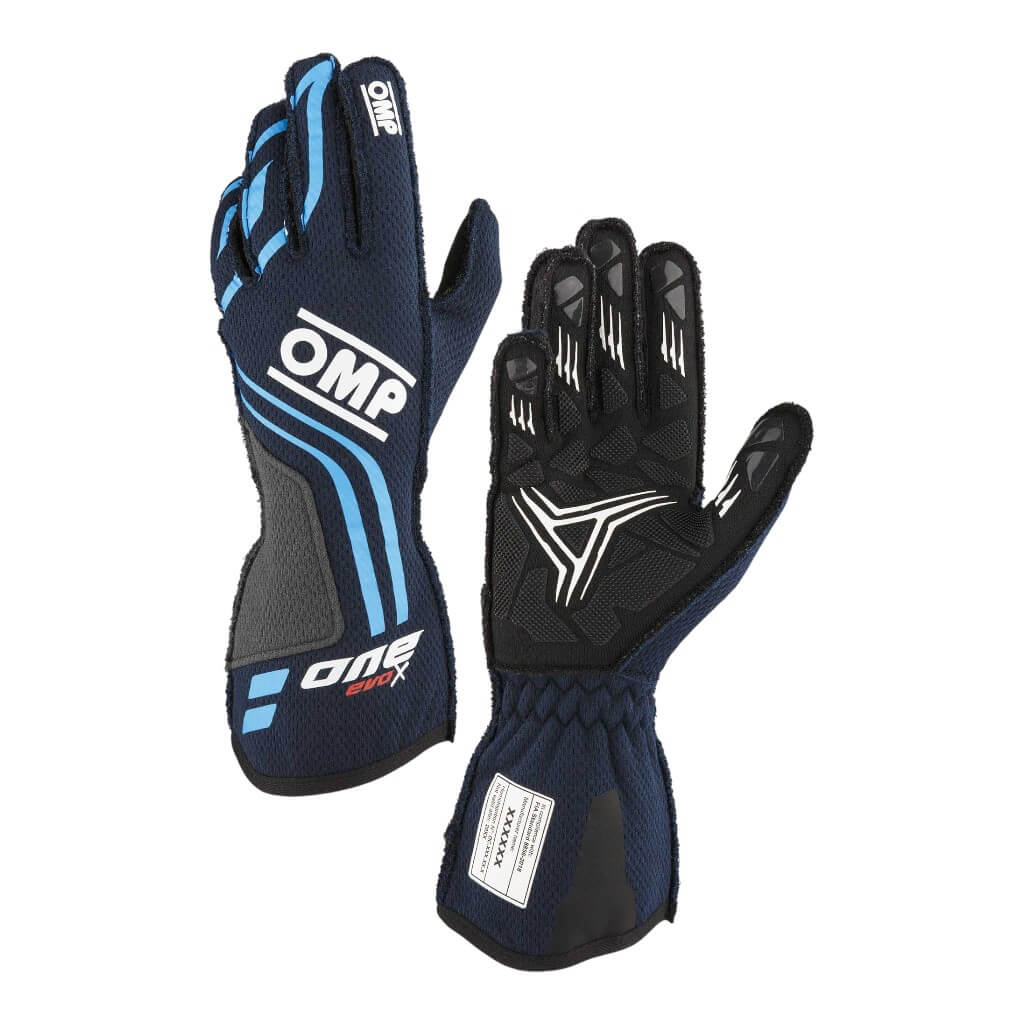 OMP IB0-0775-A01-244-XS Racing Gloves One Evo-X MY24, FIA 8856-2018, Navy Blue / Cyan, Size XS Photo-0