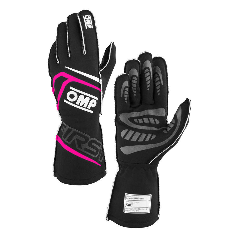 OMP IB0-0776-A01-277-S FIRST Gloves FIA 8856-2018 Black / FUCHSIA SZ. S Photo-0 