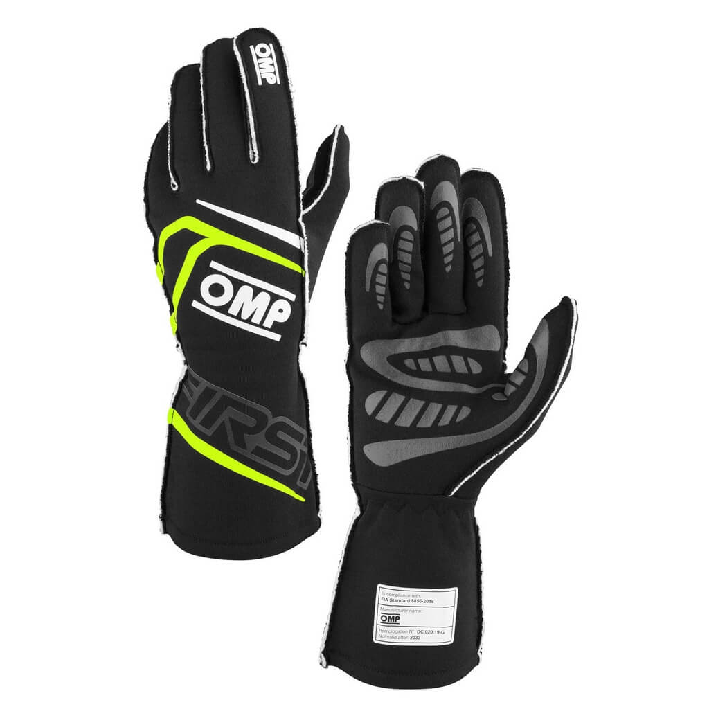 OMP IB0-0776-B01-178-S Racing Gloves First My2025, FIA 8856-2018, Black / Fluo Yellow, Size S Photo-0