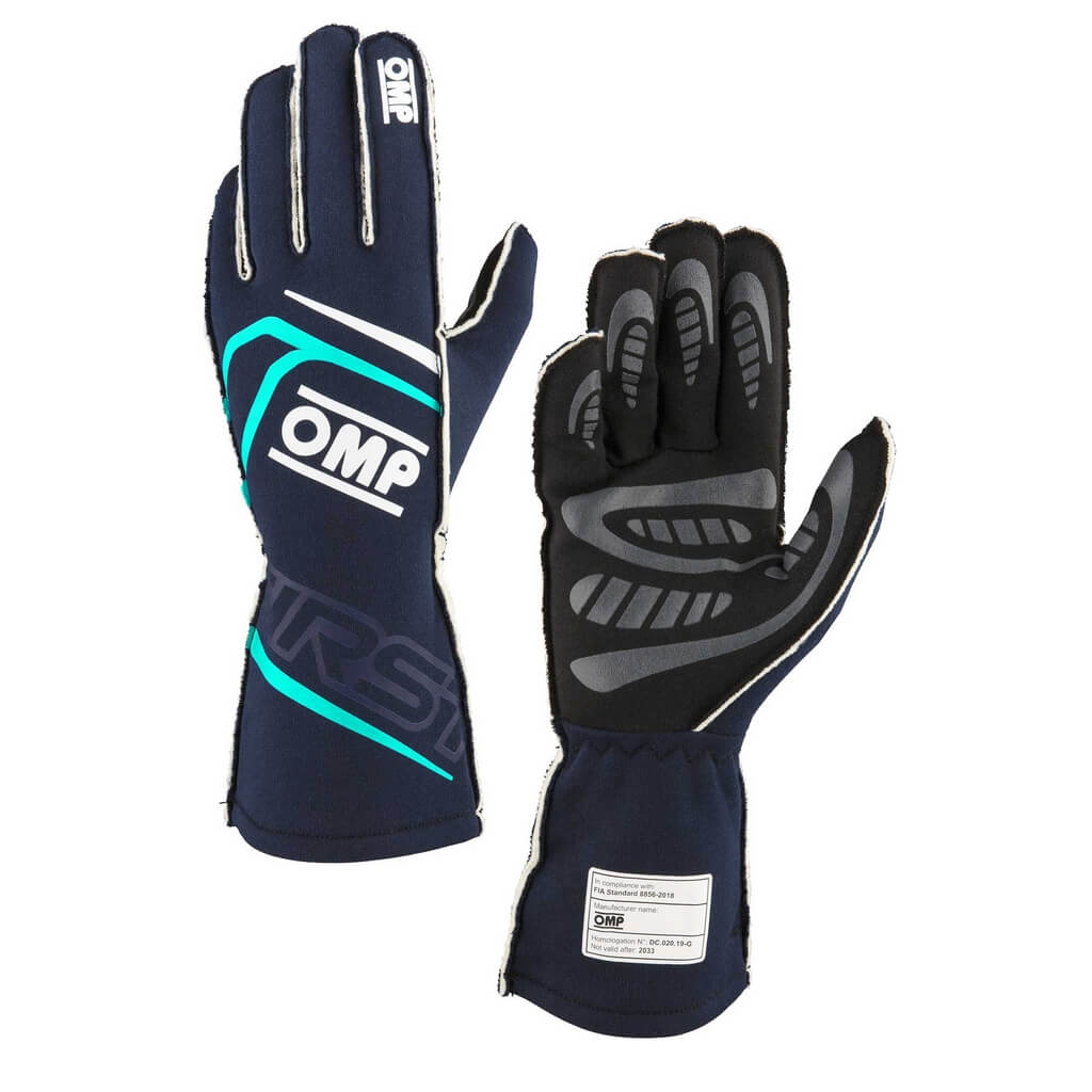 OMP IB0-0776-B01-248-L Racing Gloves First My2025, FIA 8856-2018, Navy Blue / Tiffany, Size L Photo-0
