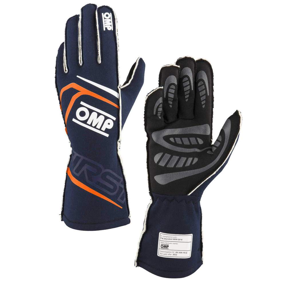 OMP IB0-0776-B01-249-S Racing Gloves First My2025, FIA 8856-2018, Navy Blue / Fluo Orange, Size S Photo-0