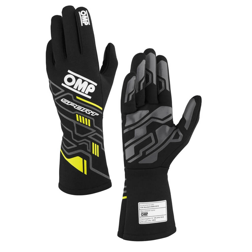 OMP IB0-0777-B01-178-XS Racing Gloves Sport My2025, FIA 8856-2018, Black / Fluo Yellow, Size XS Photo-0