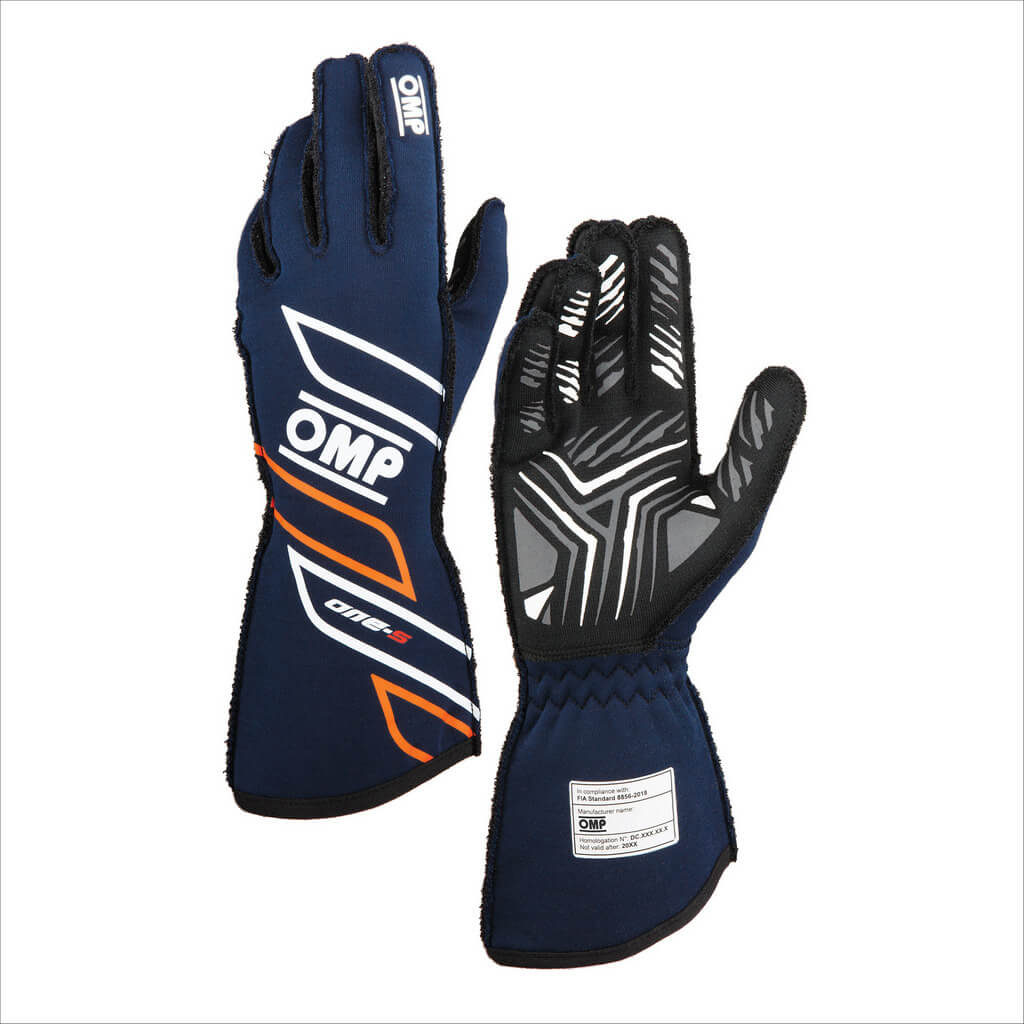 OMP IB0-0778-A01-249-XS Racing Gloves One-S My2025, FIA 8856-2018, Navy Blue / Fluo Orange, Size XS Photo-0