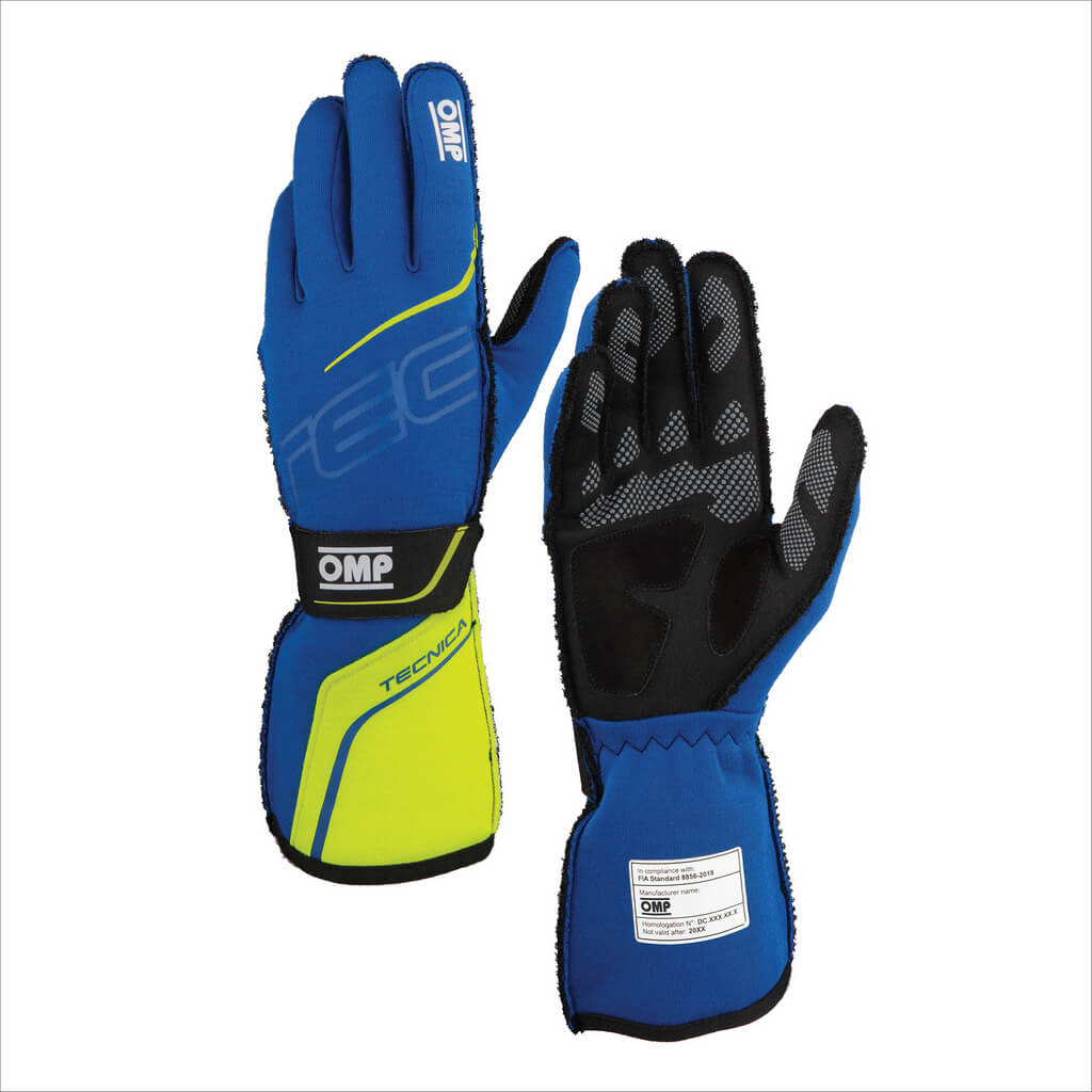 OMP IB0-0779-A01-044-XL Racing Gloves Tecnica, FIA 8856-2018, Blue / Yellow, Size XL Photo-0