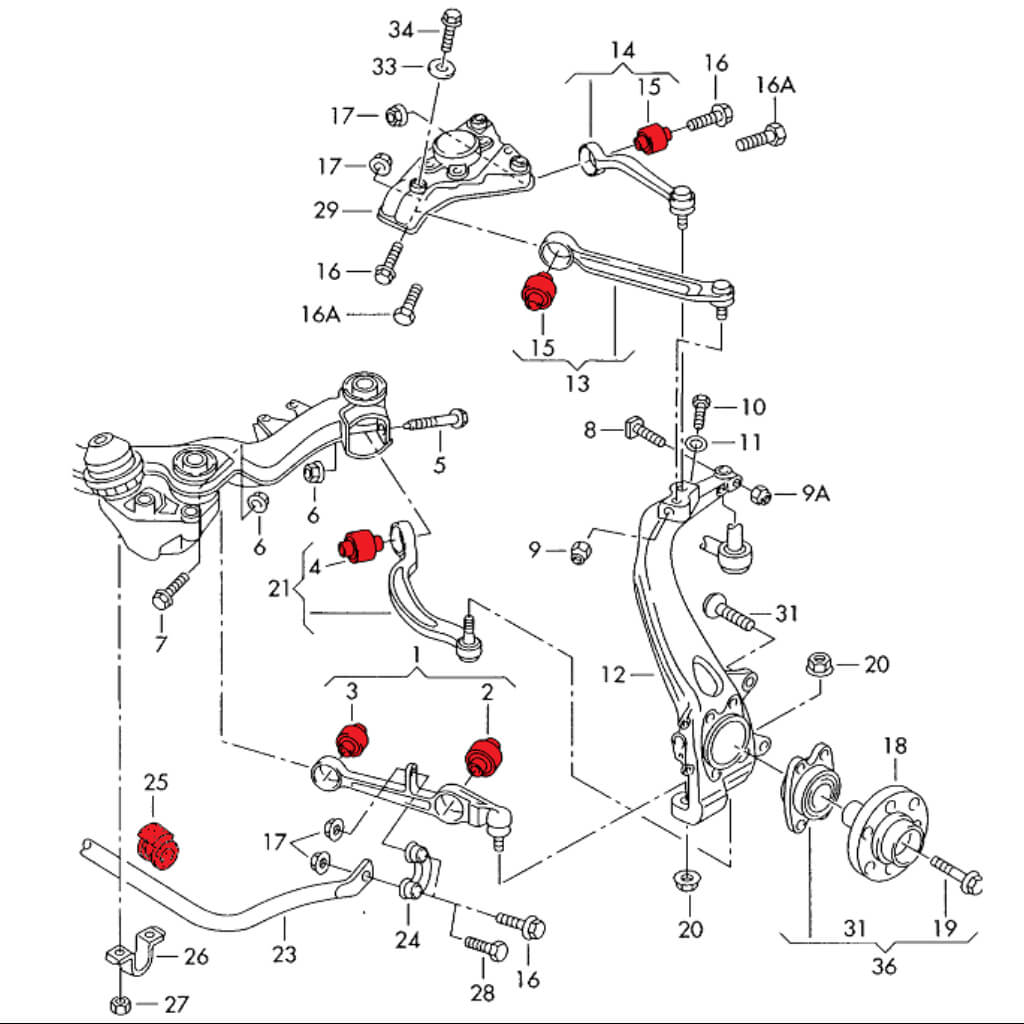 VERKLINE POW-075-75 Full Front Polyurethane Wishbones Bushings Kit for AUDI RS4 / S4 (B7) Photo-2