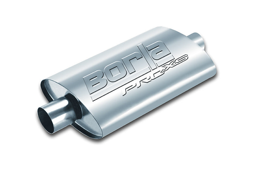 BORLA 400477 UNIVERSAL Performance Muffler, oval, silver ProXS, In / Out 2.25", Central / Offset, dim. 14"x4"x9.5", Mounting clamp Photo-0 