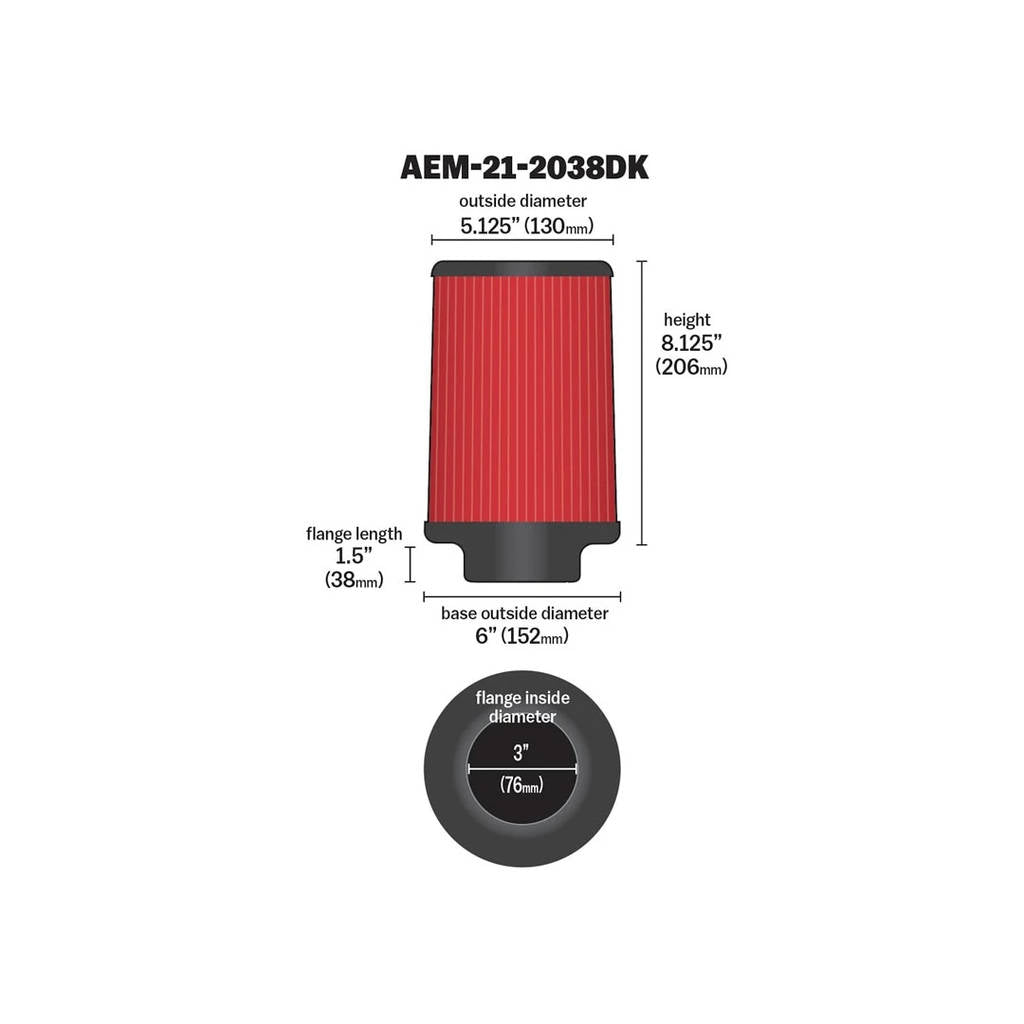 AEM 21-2038DK DryFlow Air Filter 3" / 8" Short Neck Photo-2 