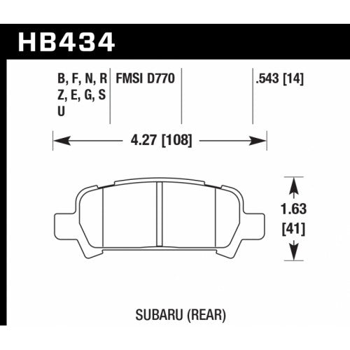 HAWK HB434S.543 Brake Pads HT-10 (14 mm) Rear SUBARU Forester 2002-08/Impreza (non WRX STI)/Legacy Photo-0 