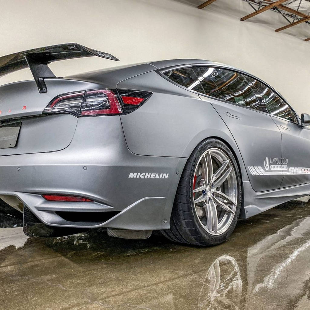 UNPLUGGED PERFORMANCE UP-M3-304-4.1 Ascension Rear Bumper - Optional Ascension-R Rear Diffuser Fins, Dry Carbon Gloss Clear for TESLA Model 3 Photo-0 