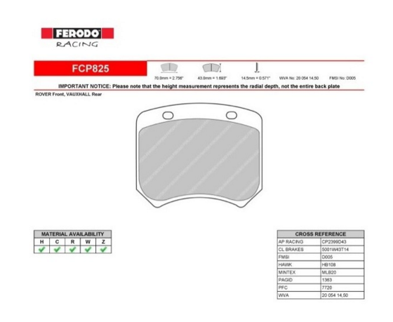 FERODO FCP825W Rear Brake Pads DS1.11 for Caliper Brembo 20.3655.01 / AP Racing CP 2485 / CP 2576 Photo-0 