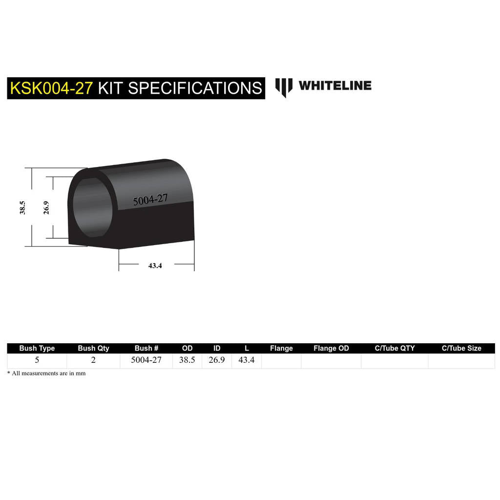 WHITELINE KSK004-27 Front Anti Roll Bar Mount - Bushing Kit 27mm for Whiteline Anti Roll Bars Photo-4 