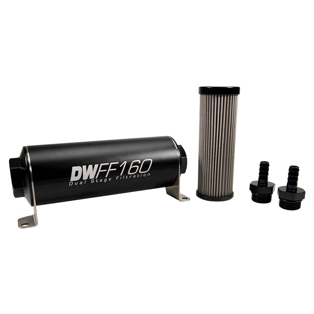 DEATSCHWERKS 8-03-160-040K-38 In-line fuel filter element and housing kit, stainless steel 40 micron, 3/8in hose barb, 160mm. Universal Photo-0 