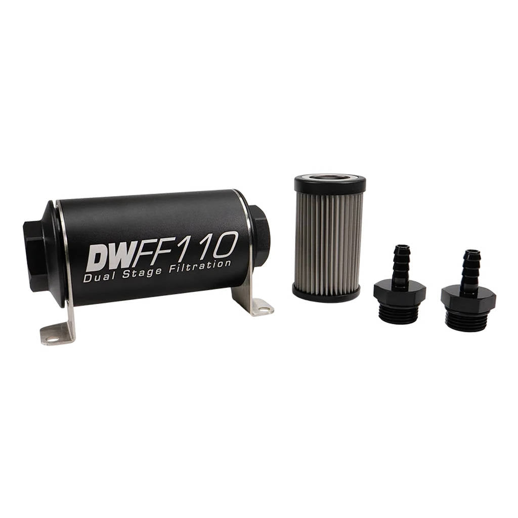 DEATSCHWERKS 8-03-110-005K-516 In-line fuel filter element and housing kit, stainless steel 5 micron, 5/16in hose barb, 110mm. Universal Photo-0 