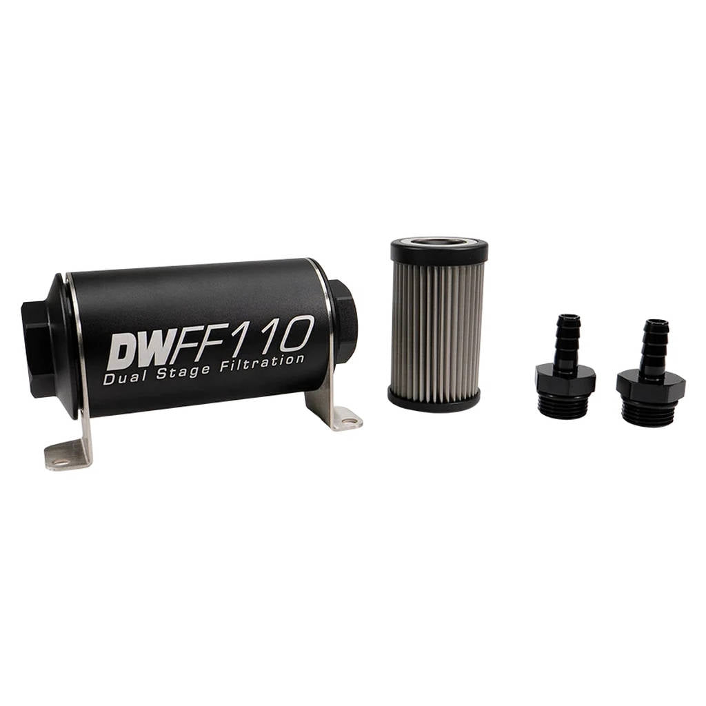DEATSCHWERKS 8-03-110-040K-38 In-line fuel filter element and housing kit, stainless steel 40 micron, 3/8in hose barb, 110mm. Universal Photo-0 