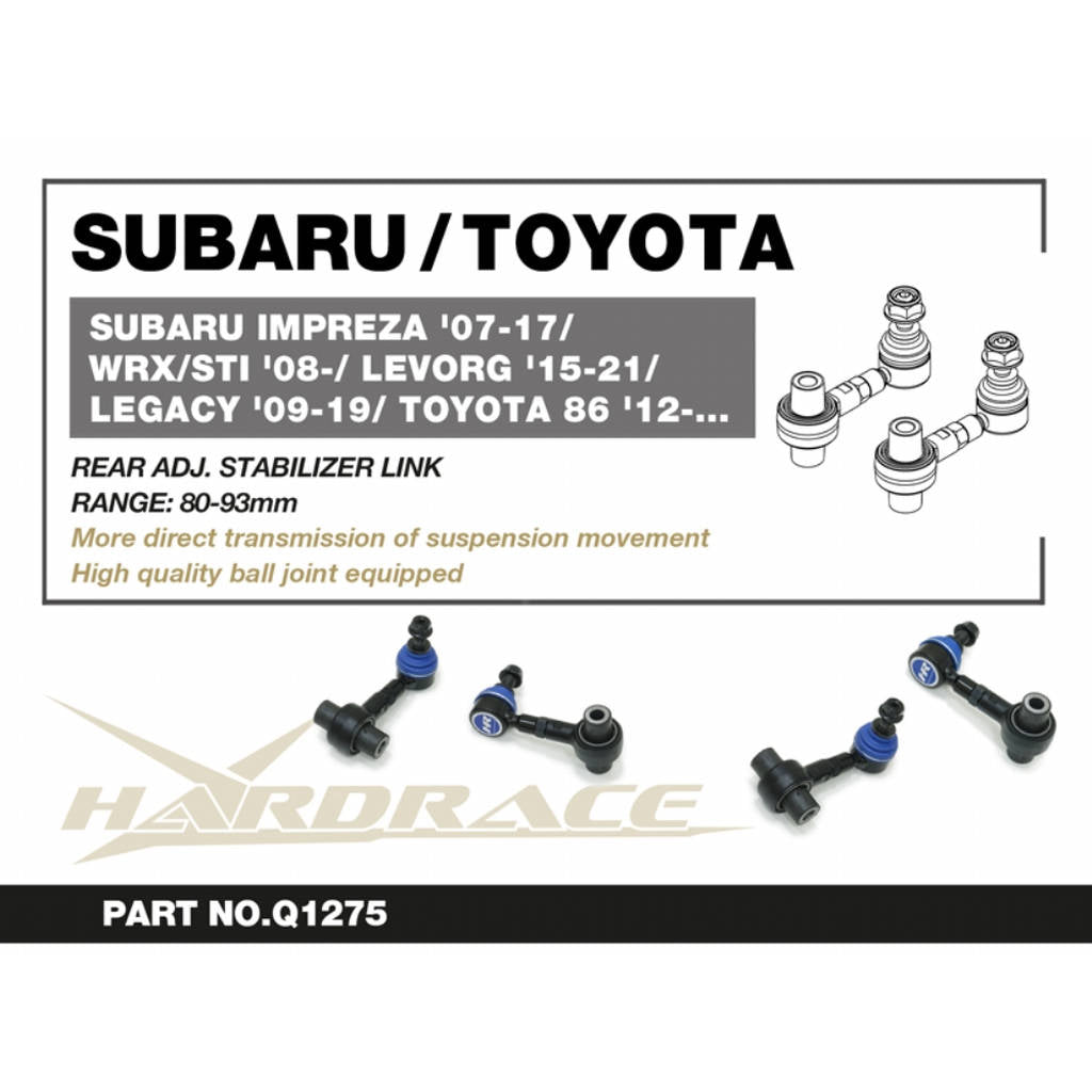 HARDRACE Q1275 Rear adj. Stabilizer link (harden rubber) (Range: 80-93mm - 2pcs/set for SUBARU (IMPREZA 2007-2017 / WRX / STI 2008+ / LEVORG 2015-2021/ LEGACY 2009-2019/ BRZ 2012+) / TOYOTA 86 2012+ Photo-1 