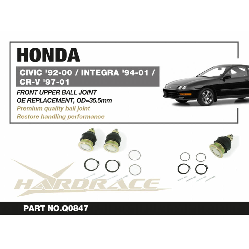 HARDRACE Q0847 Front Upper Ball Joint OD=35.5MM OE Replacement - 2PCS / SET for HONDA CIVIC '92-00 / CR-V '97-01 / ACCORD '98-12 / ODYSSEY JDM '03-13 / PRELUDE '97-01 / ACURA INTEGRA '94-01 / CL '01-03 / TL '96-14 / TSX '03-14 Photo-1 