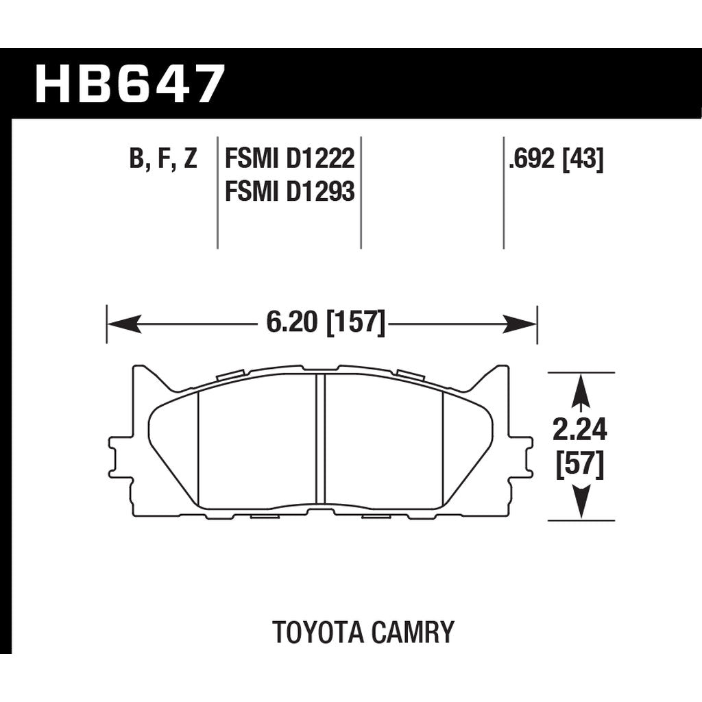 HAWK HB647Z.692 Brake Pads n Front TOYOTA CAMRY 2007-2011 2.4/3.0 Photo-2 