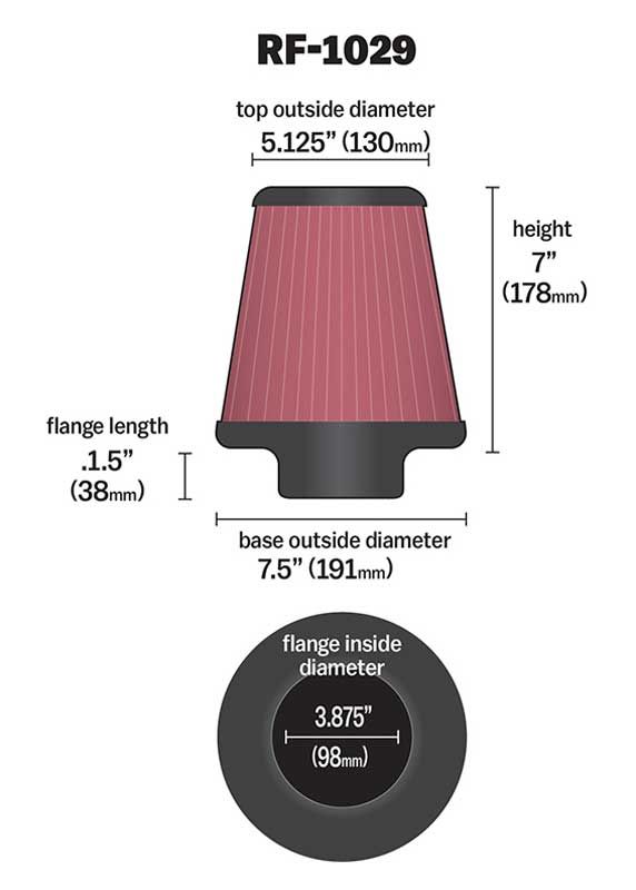 K&N RF-1029 UNIVERSAL Clamp-On Air Filter 3-7/8\"FLG, 7-1/2\"B, 5-1/8\"T, 7\"H Photo-1 