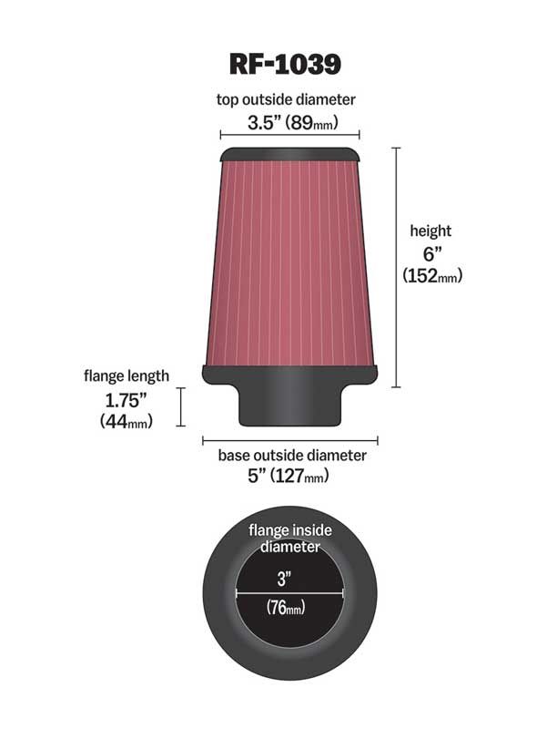 K&N RF-1039 UNIVERSAL Clamp-On Air Filter 3"FLG, 5"B, 3-1/2"T, 6"H Photo-1 