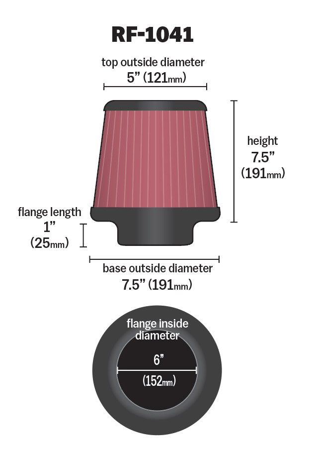 K&N RF-1041 UNIVERSAL Clamp-On Air Filter 6"FLG, 7-1/2"B, 5"T, 7-1/2"H Photo-1 