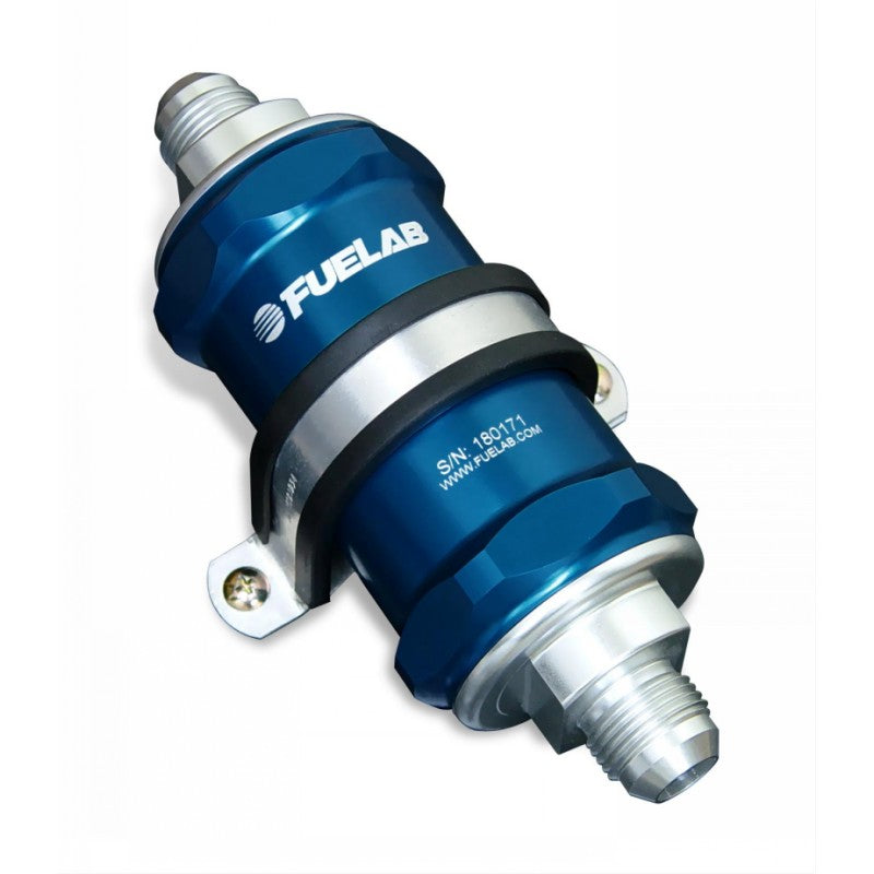 FUELAB 84822-3 In-Line Fuel Filter With Check Valve (8AN in/out, 3 inch 100 micron stainless steel element) Blue Photo-0 