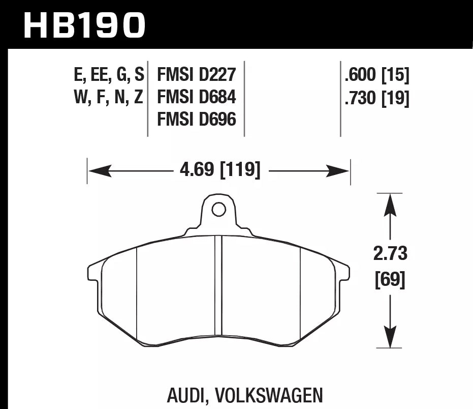 HAWK HB190D.600 Front Brake Pads ER-1 Endurance Racing for AUDI 80 1.6 1991-1992 Photo-1 