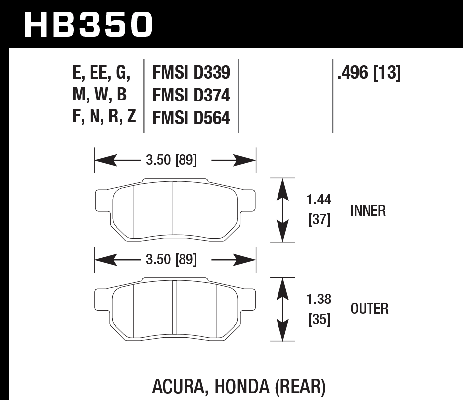 HAWK HB350D.496 Rear Brake Pads ER-1 Endurance Racing for AUDI Integra 4-Door 1.8L 2001/ HONDA Civic 1.6L 1999-2000 Photo-1 