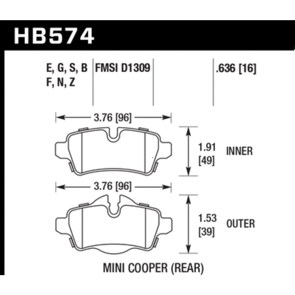 HAWK HB574G.636 Brake Pads DTC-60 (16 mm) Rear for MINI COOPER Clubman / Roadster / Base 2007-2017 Photo-1 