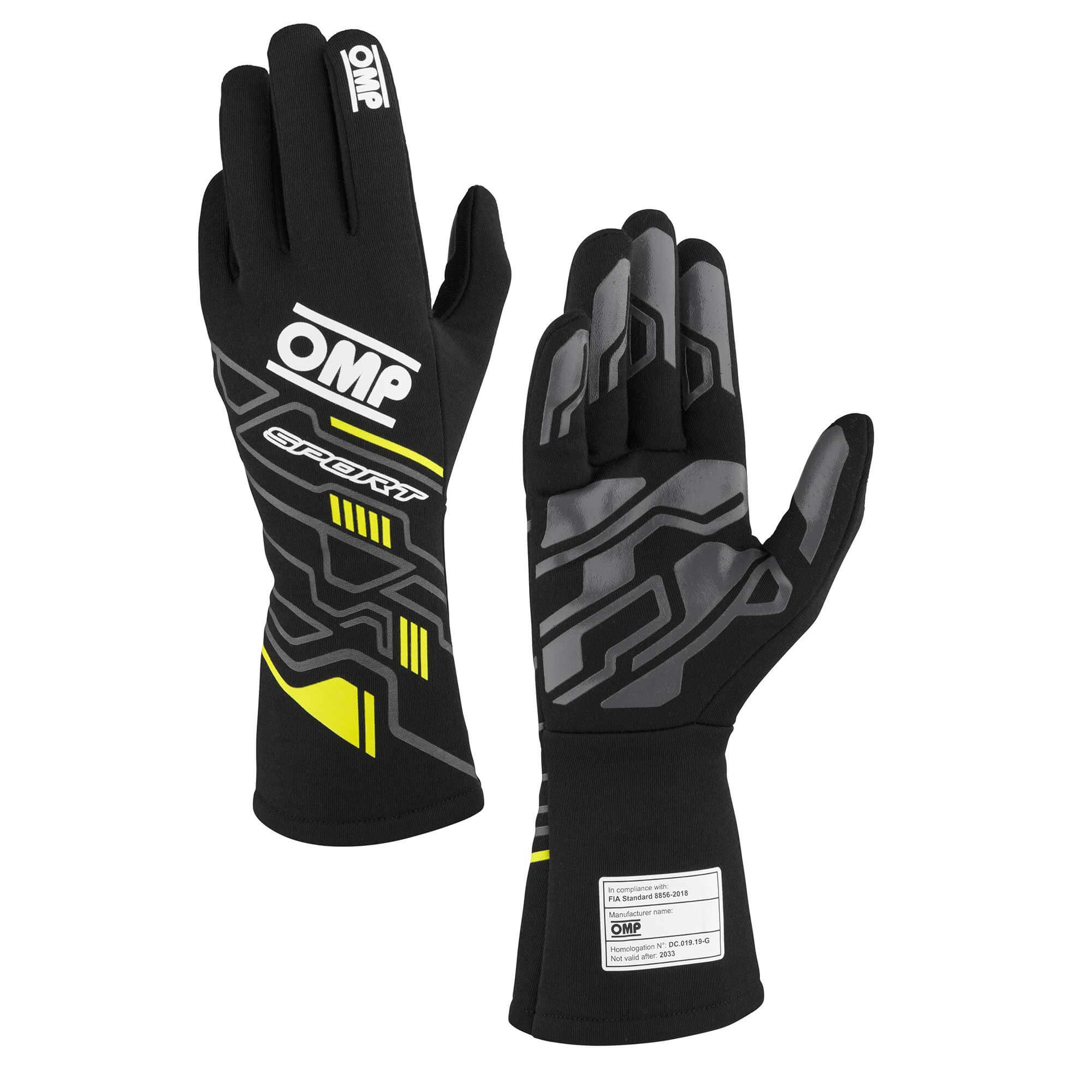 OMP IB0-0777-A01-178-M Gloves SPORT FIA 8856-2018 Black / Fluo Yellow SZ. M Photo-0 