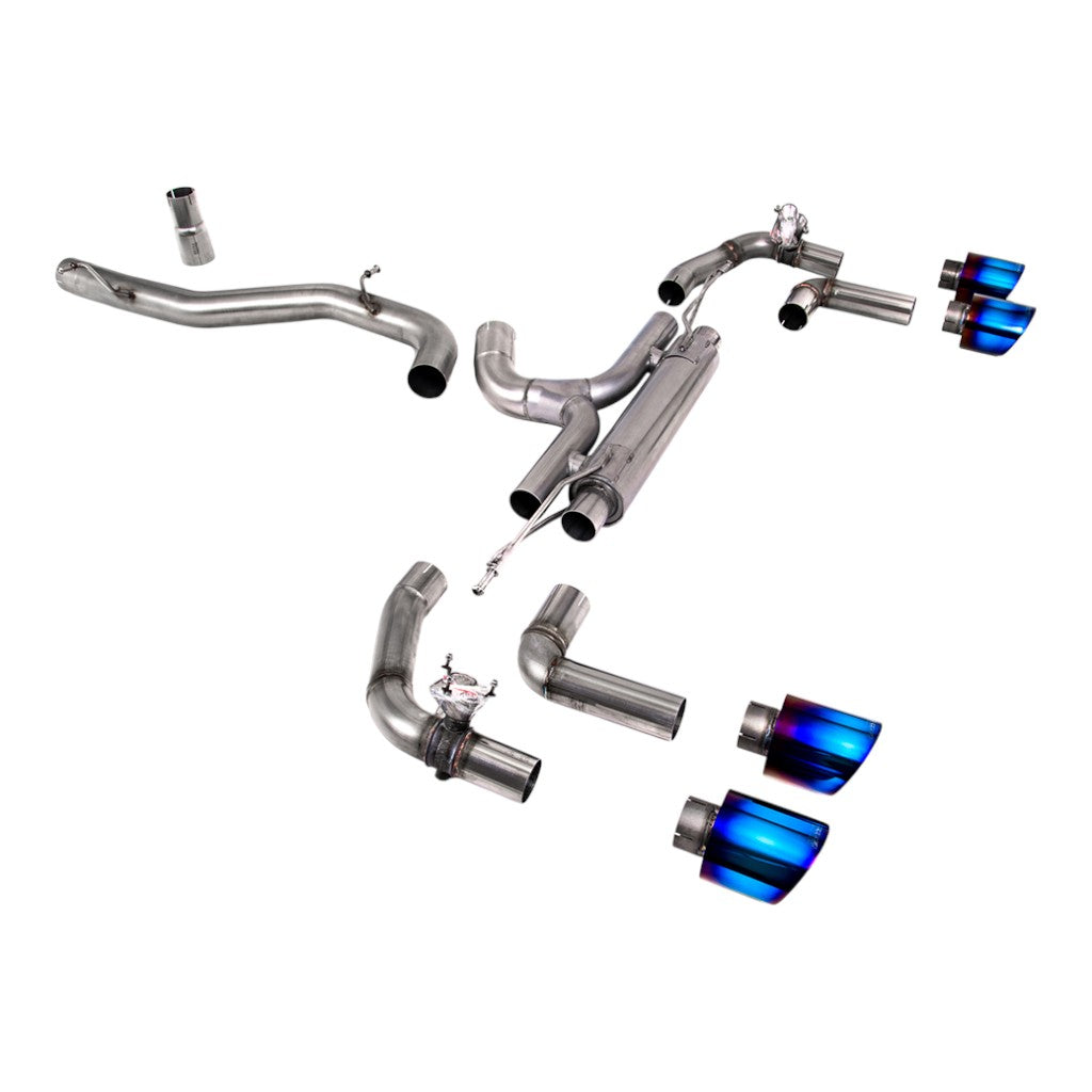 MILLTEK SSXVW670 Cat-Back Exhaust, 3.15" (Blue Titanium GT-115 Trims) for VW Golf R (MK8) Photo-0 