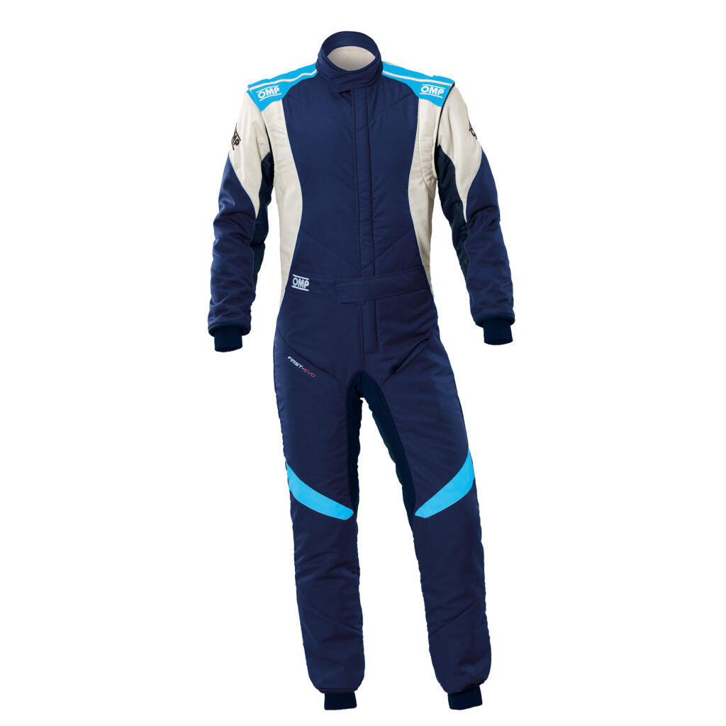 OMP IA0-1874-A01-244-62 Racing Suit First Evo My2025, FIA 8856-2018, Navy Blue / Cyan, Size 62 Photo-0 