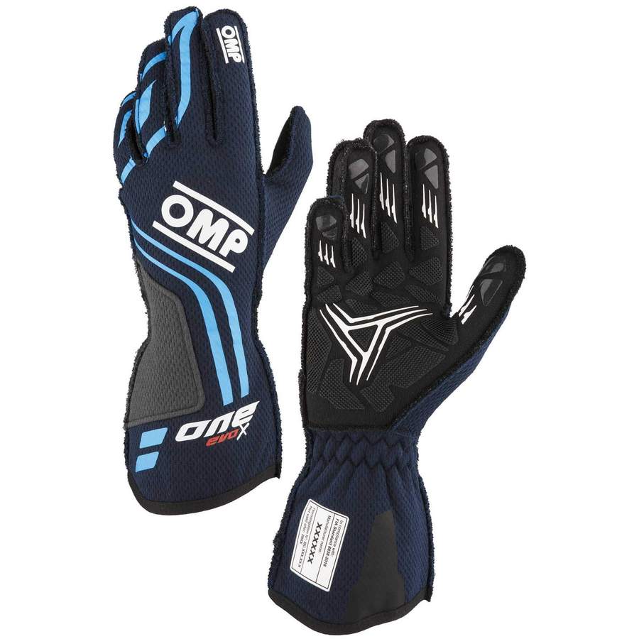 OMP IB0-0775-A01-244-M Racing Gloves One Evo-X MY24, FIA 8856-2018, Navy Blue / Cyan, Size M Photo-0 